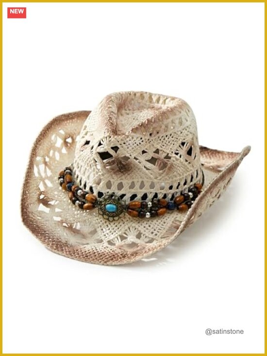 Unisex Western Straw Cowboy Hat with Decorative Bead & Leather Band